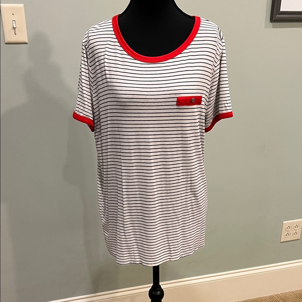 Classic Black and White Striped Tee with Red Trim